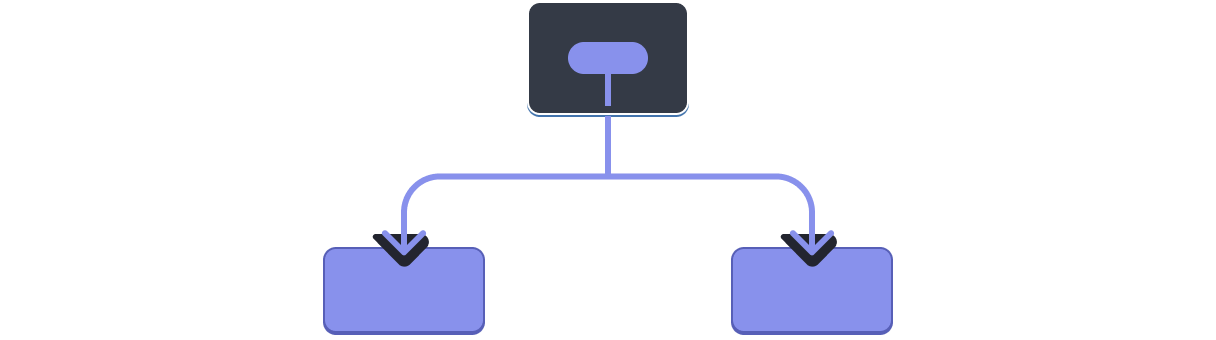 Diagram with a tree of three components. The parent contains a bubble representing a value highlighted in purple. The value flows down to each of the two children, both highlighted in purple.